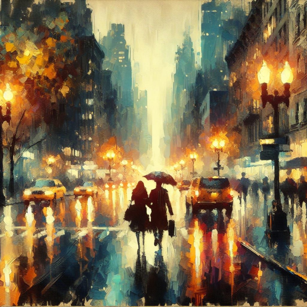 Romantic New York City Street Scene Under the Rain