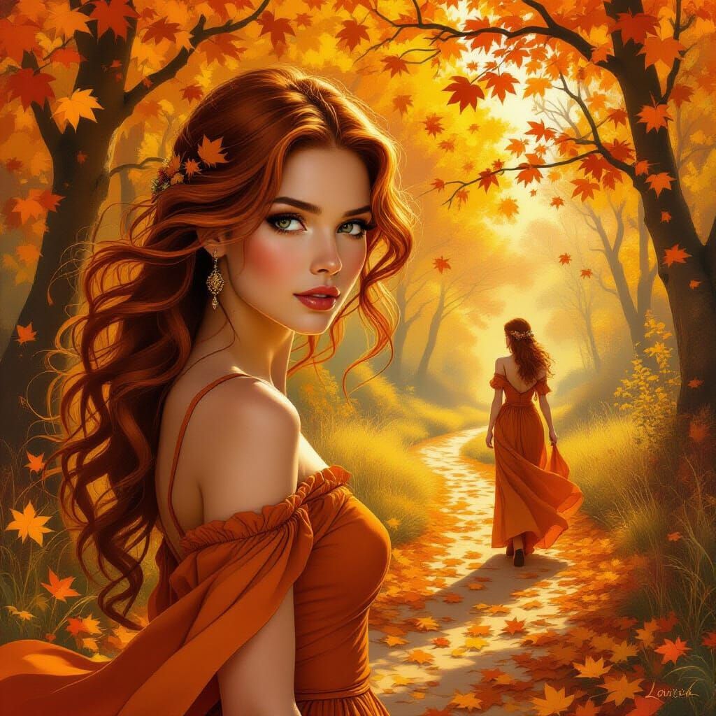 Woman in Ochre Dress Amidst Autumn Leaves