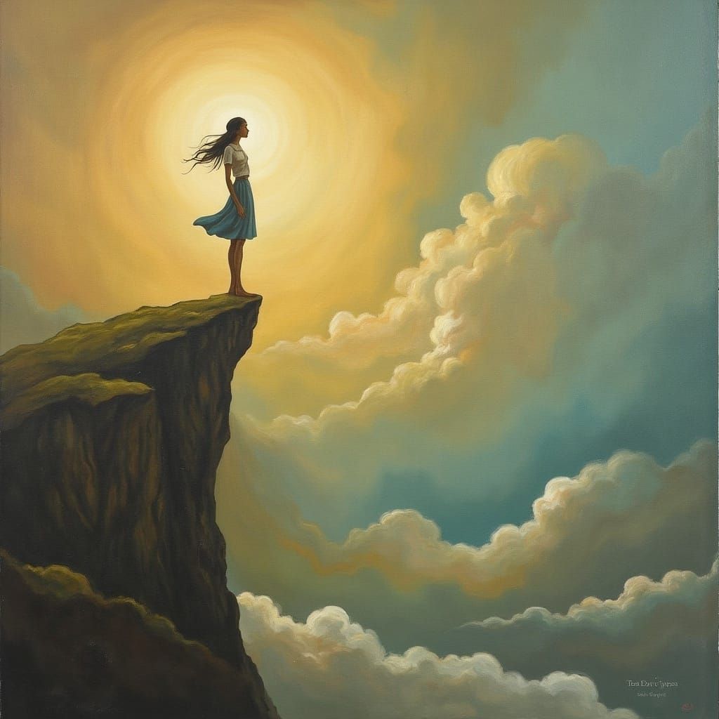 Woman at Cliff Edge in Surreal Landscape