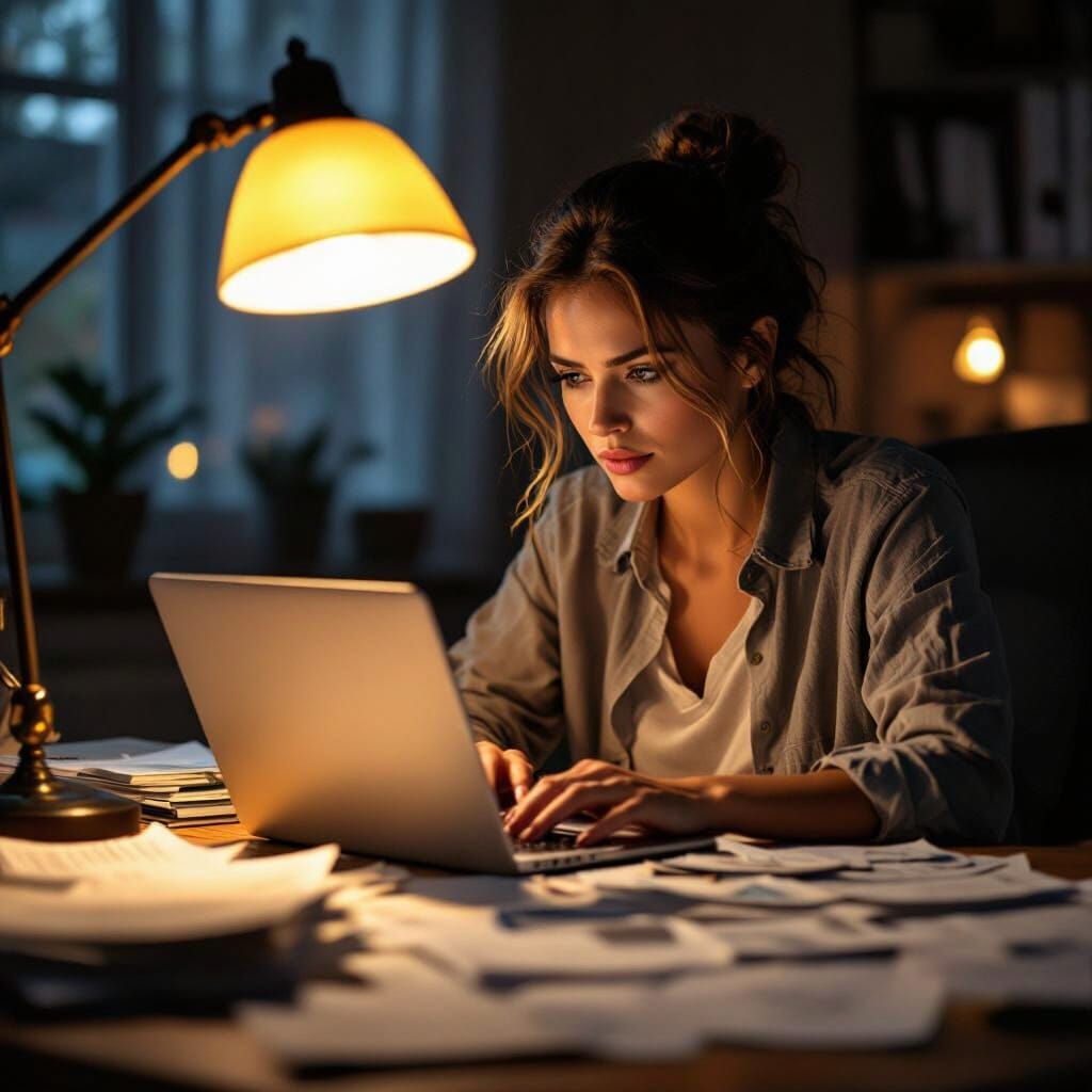 Determined Woman Works Late, Bills and Notebooks Scattered