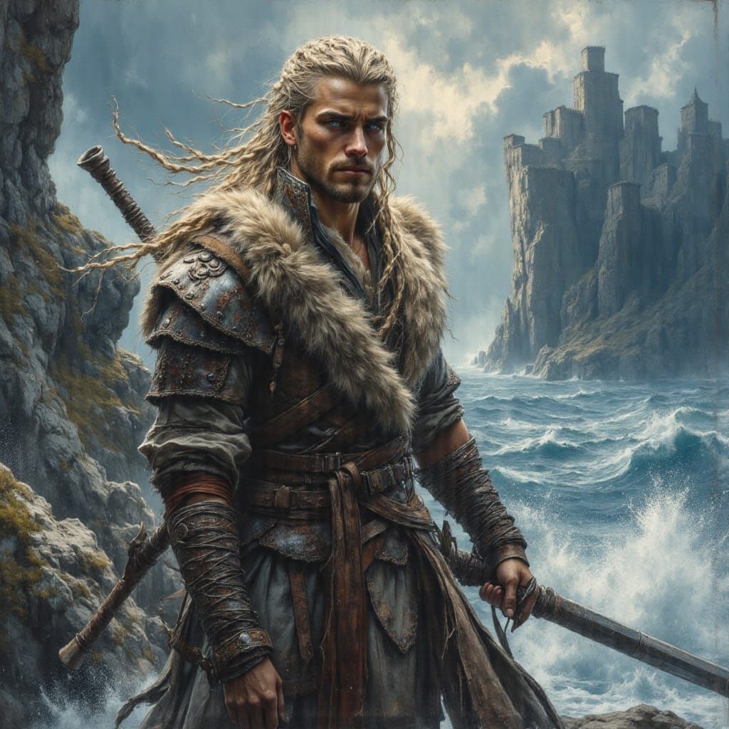 Viking Warrior on Stormy Cliff as Impasto Oil Painting
