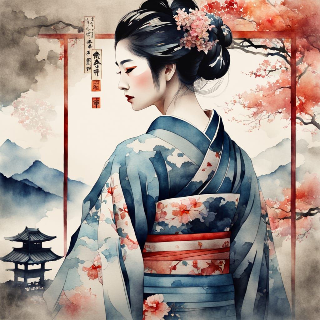 Beautiful Geisha in Traditional Kimono, Inspired by Torii Ki...