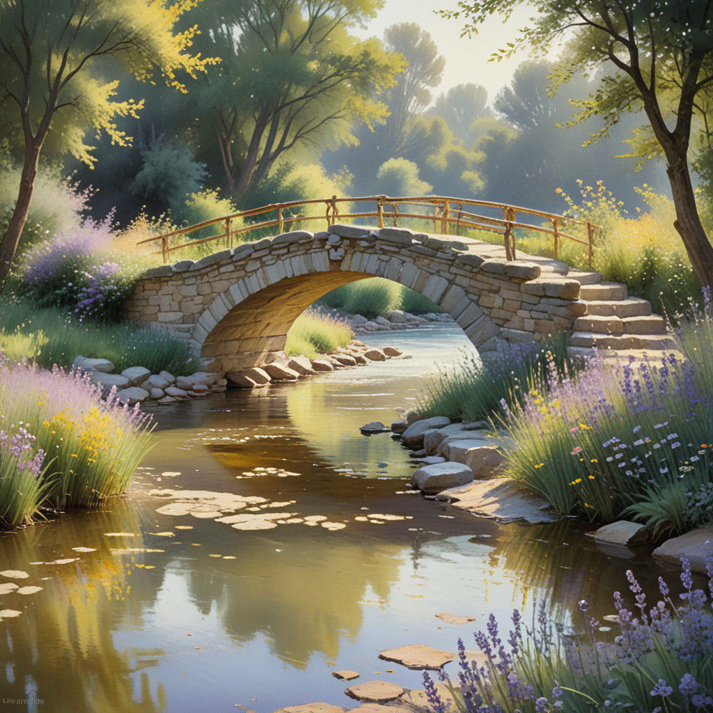 Idyllic Watercolor Scene of Worn Bridge Over Turbulent River