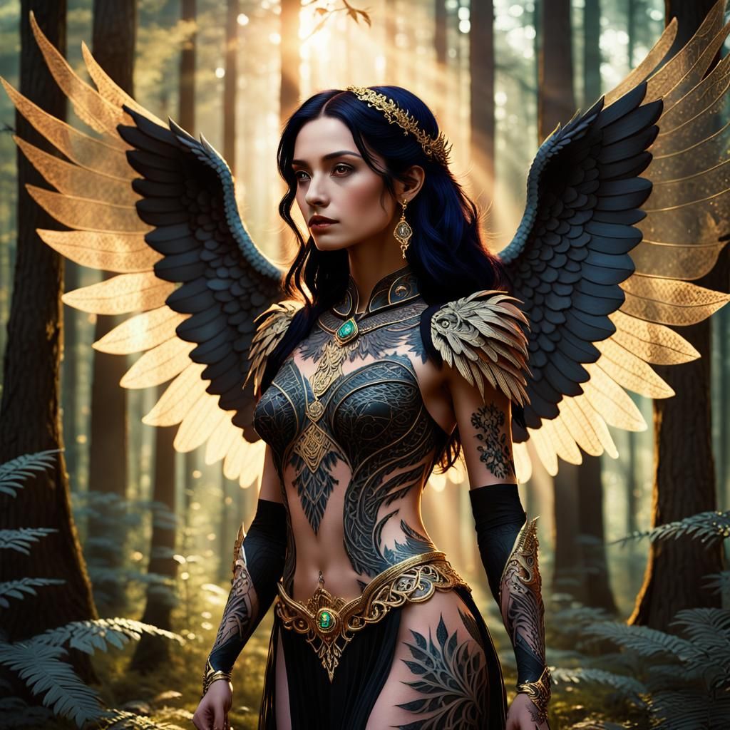 Ethereal Winged Woman in Golden Forest Light