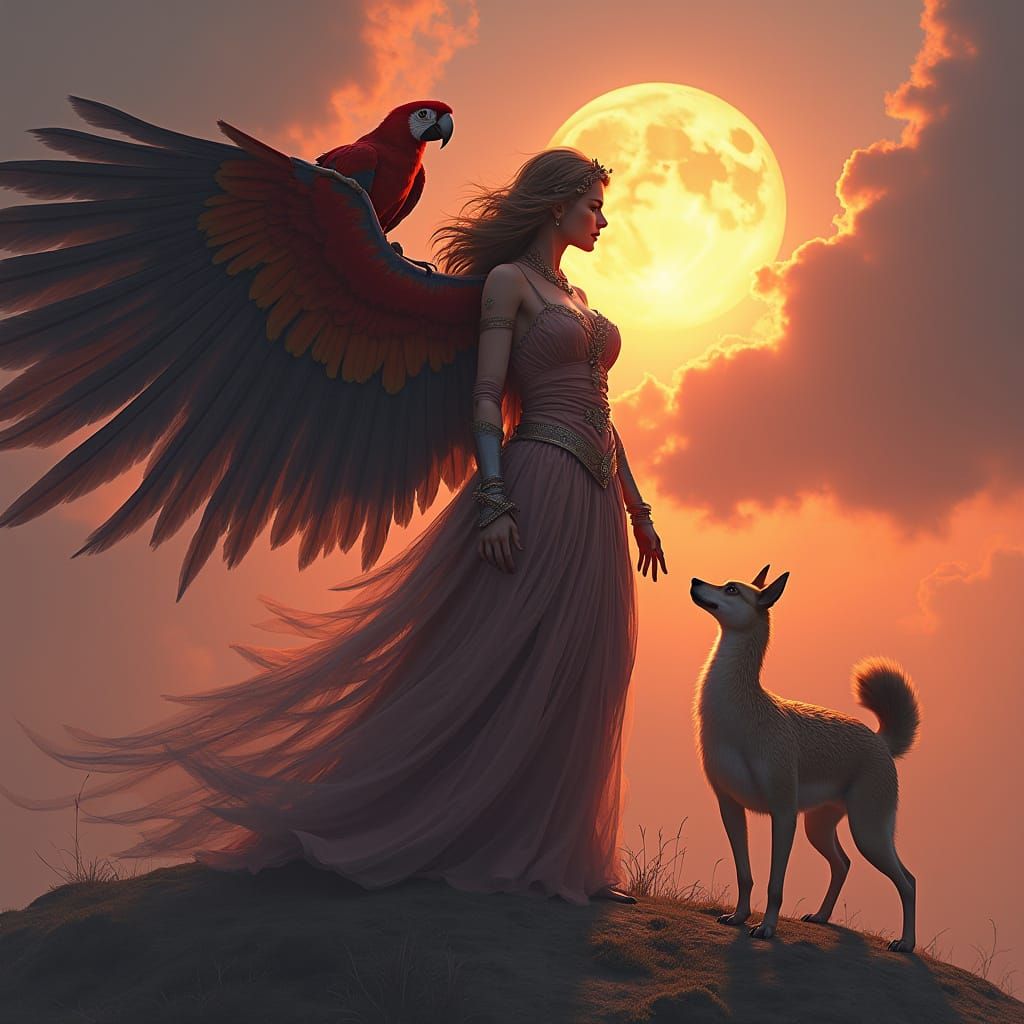 Eos Greek Goddess of Dawn with Parrots and Shiba Inu