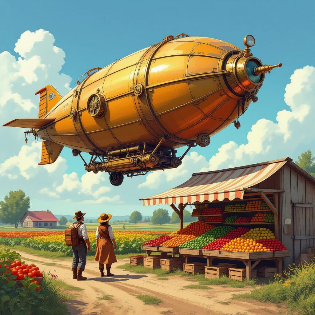 Steampunk Airship at a Retro Farmstand