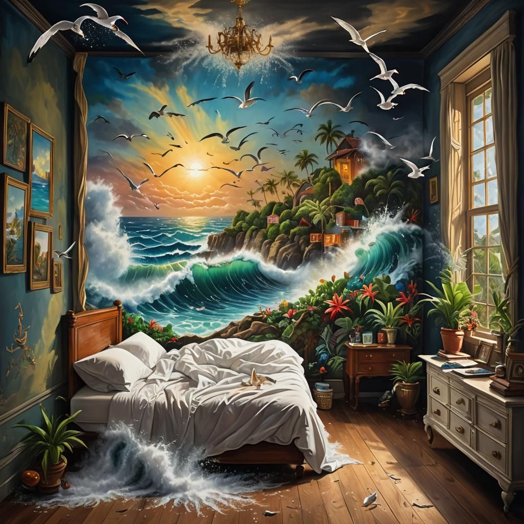 Tropical Island Waves Crash Into Bedroom Painting