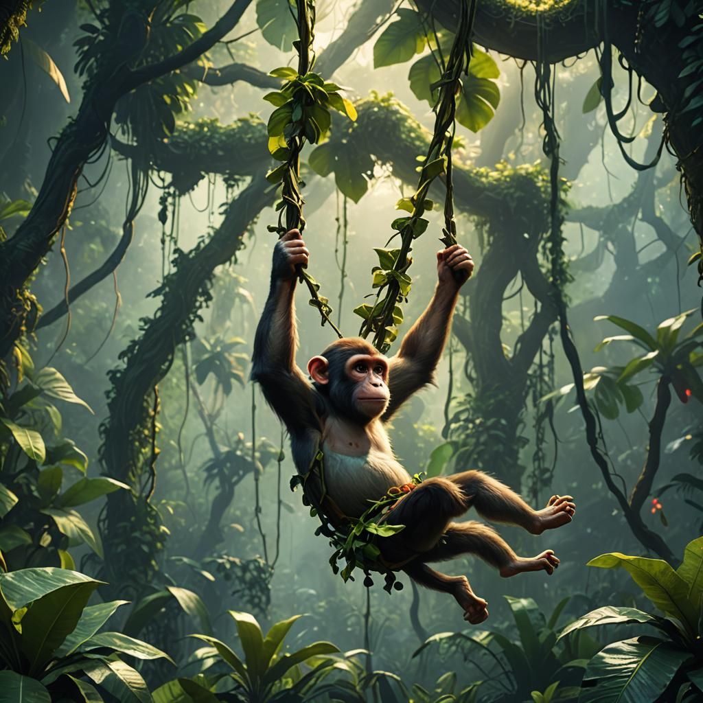 Monkey Swinging in Jungle: Fantasy Concept Art
