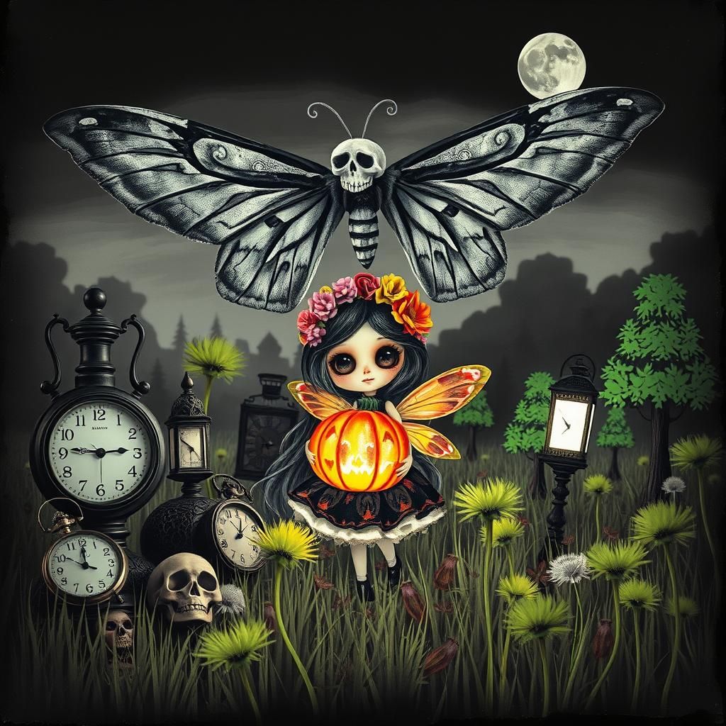 Surreal Halloween Scene with Sugar Skull Moth