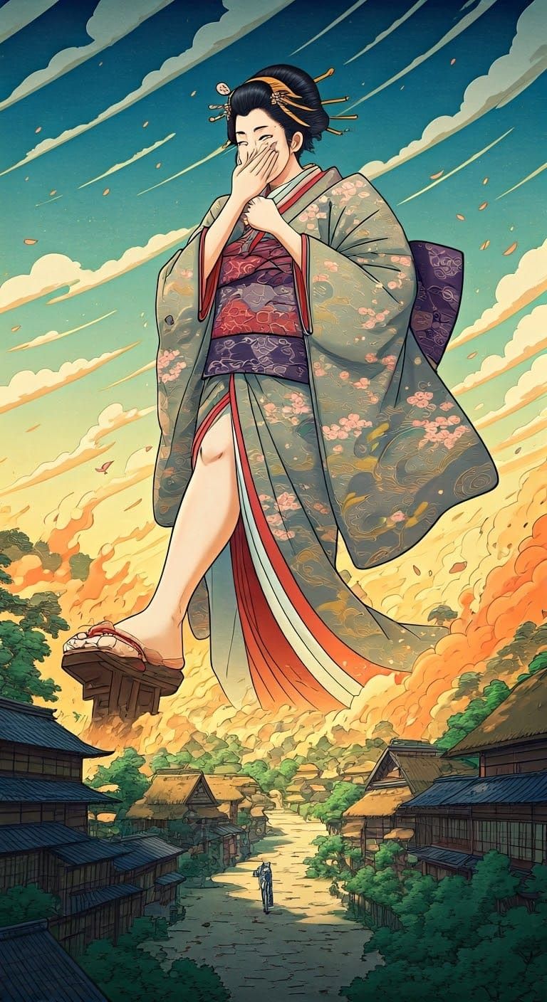 Giant Geisha's Rampage in Ukiyo-e Style