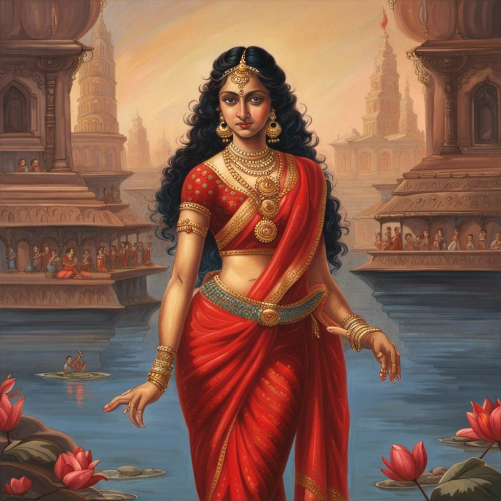 Draupadi in Red Saree: Detailed Matte Painting