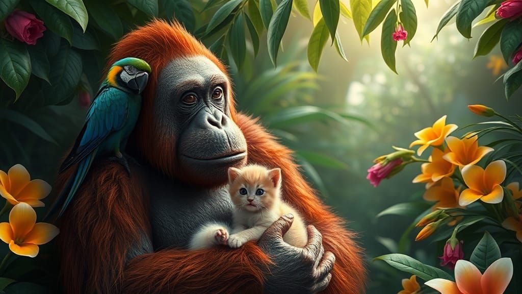 MACAW SITS ON THE ORANGUTANS SHOULDER