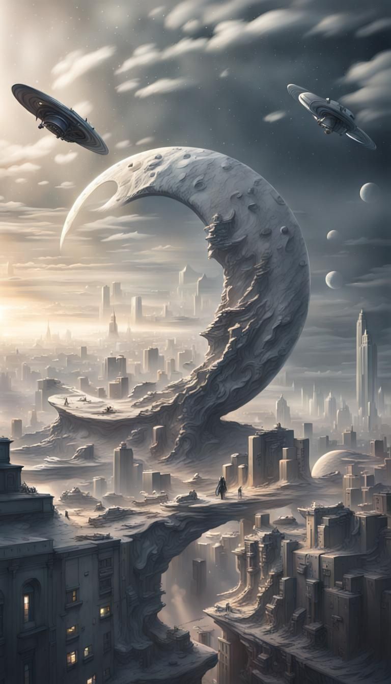 Fallen Moon Marble Sculpture in Futuristic Cityscape