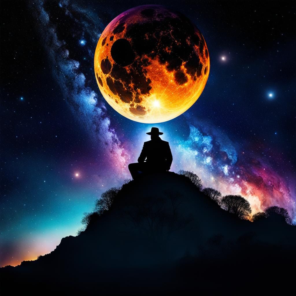 Man on Meteorite in Galaxy, Art Nouveau Style