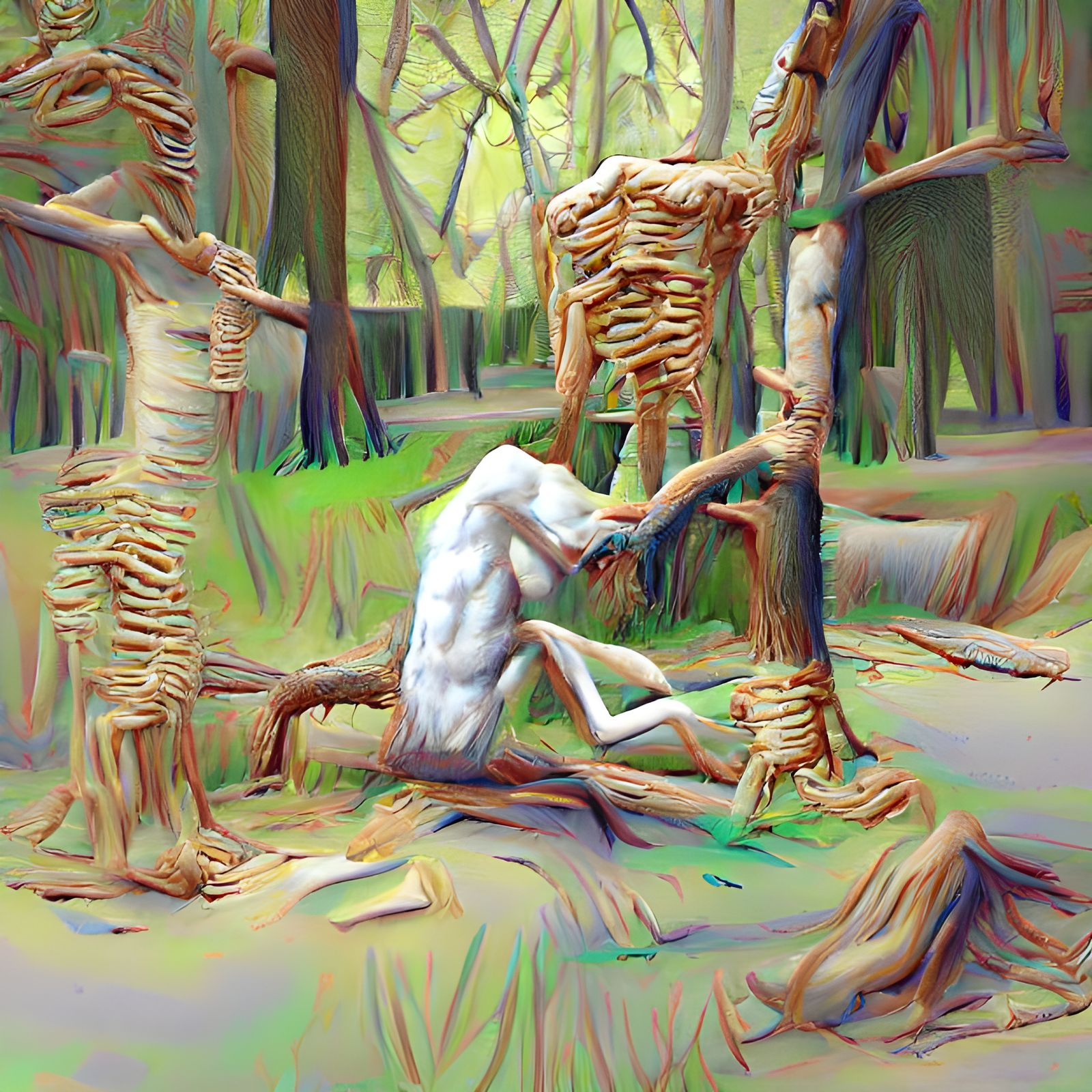 An old naked skeletal man is eating bark off of a tree in the woods and looking back in fear in a hyperrealism impressio...