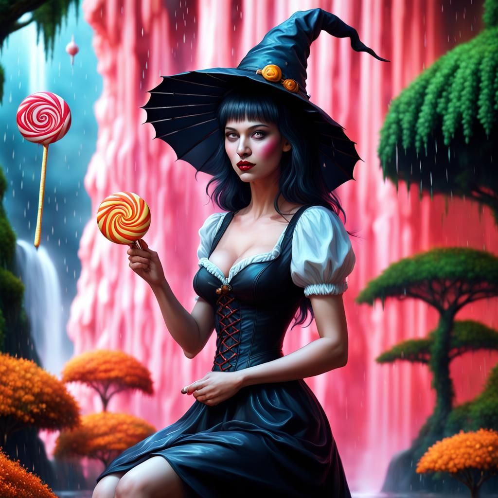 Happy Witch in a Magical Waterfall Garden