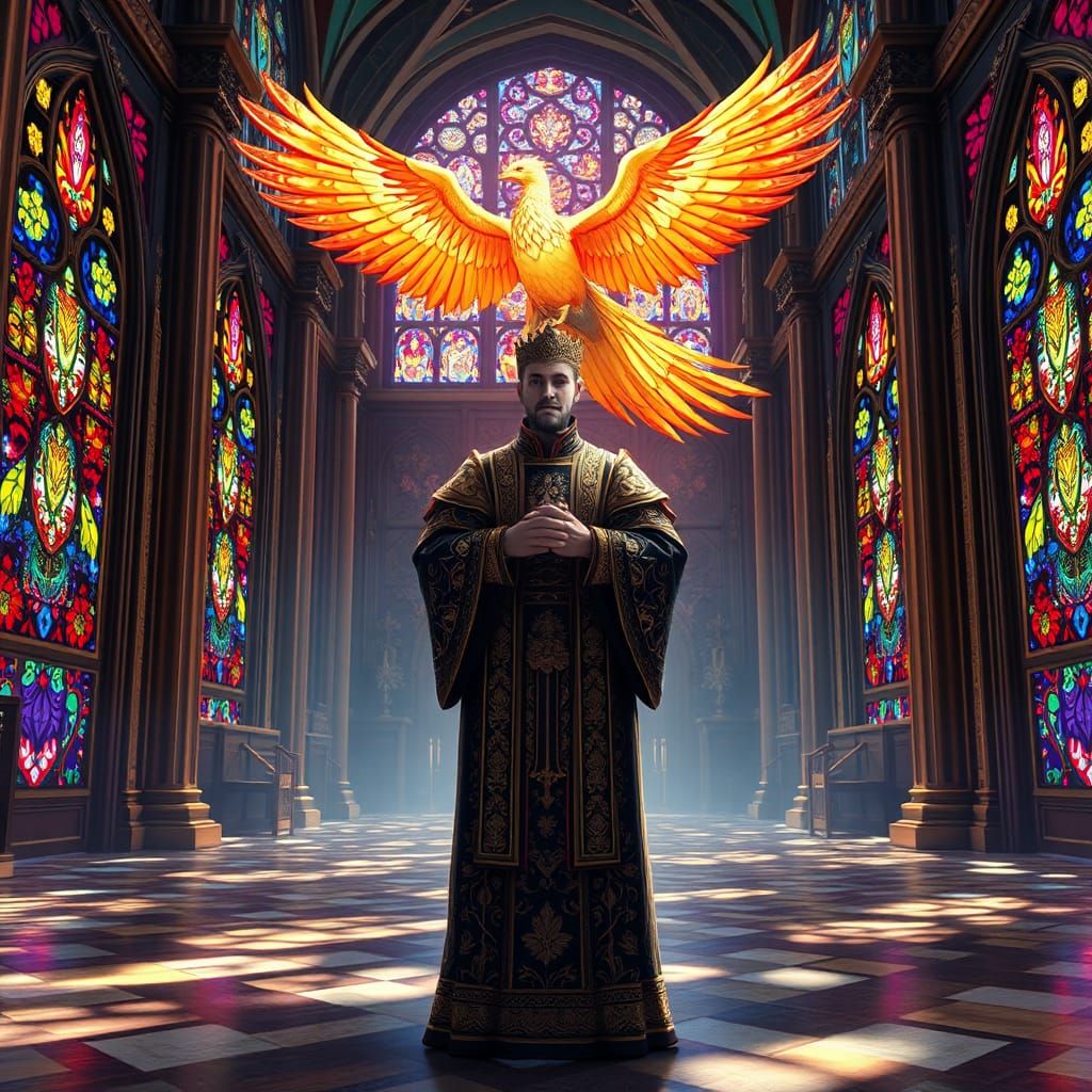 Phoenix Soars Above Priest in Ornate Church