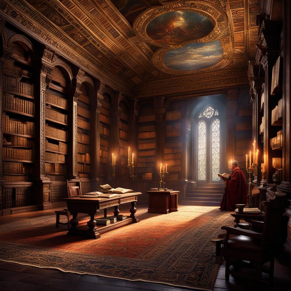A small stone room, ancient library, catholic monks reading books, old scrolls on table, books on the floor, paintings o...