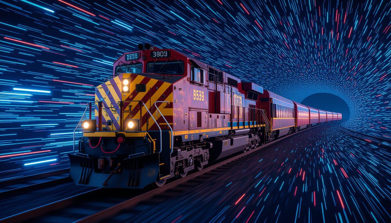 Cyberpunk Racing Train in a Digital Landscape