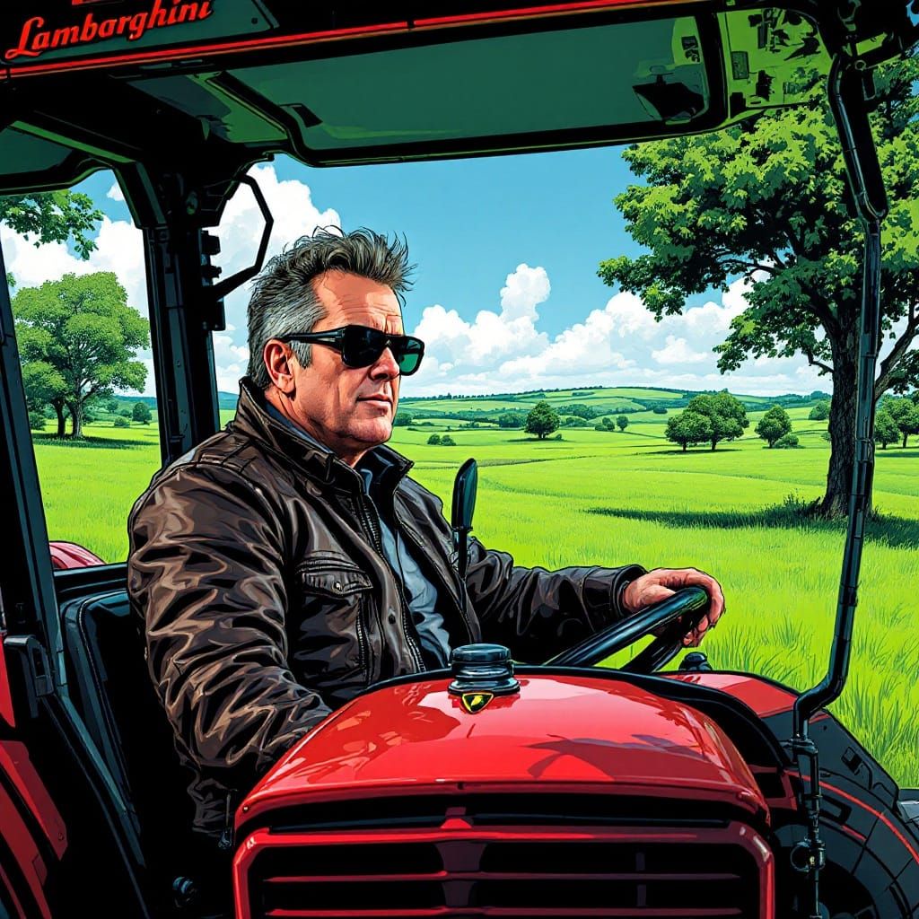 Driving a Lamborghini Tractor, Expressive Art Style