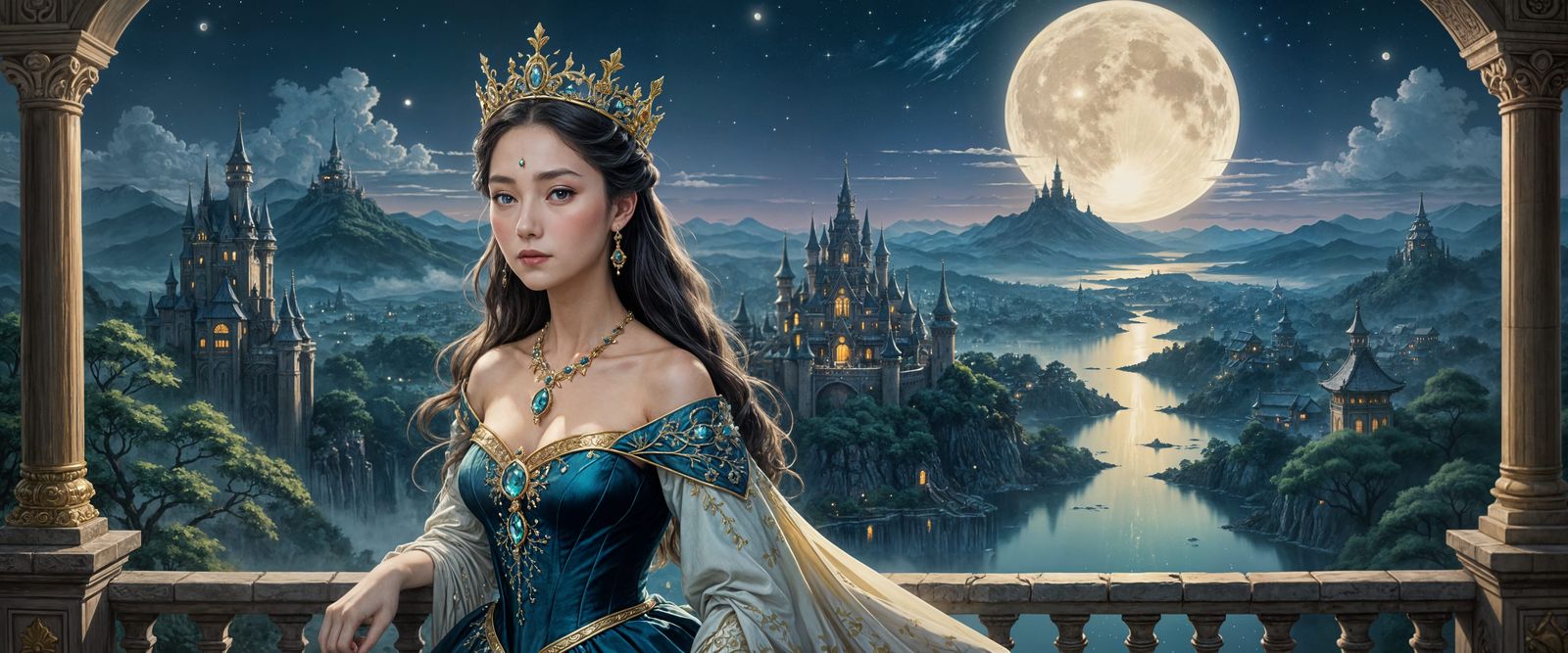 Regal Queen on Balcony Overlooking Moonlit Kingdom