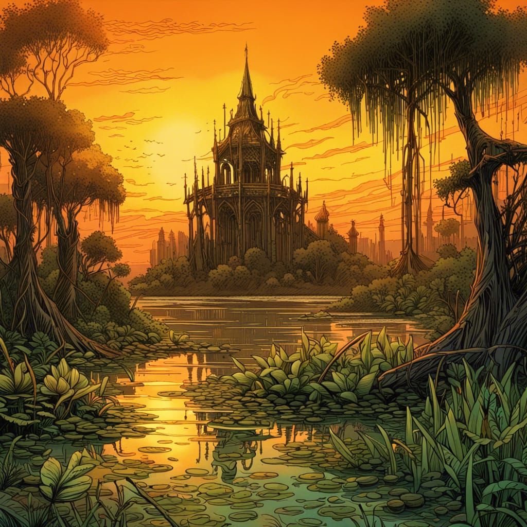 Gothic Wetlands Sunset in Comic Book Art Style