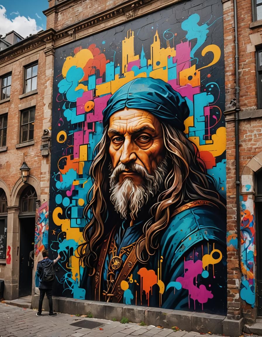 A mural of Leonardo da Vinci in town.