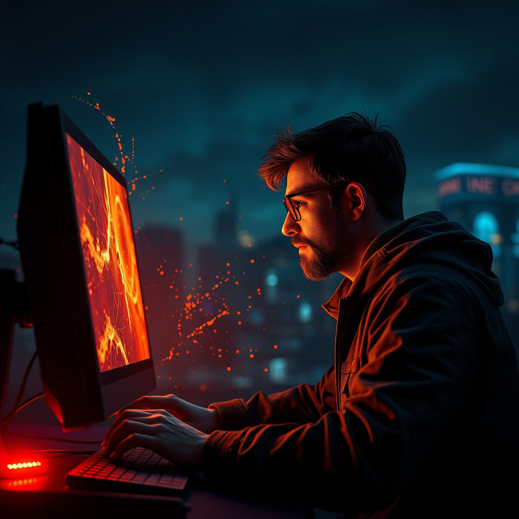Man and Glowing Computer: Fantasy Concept Art