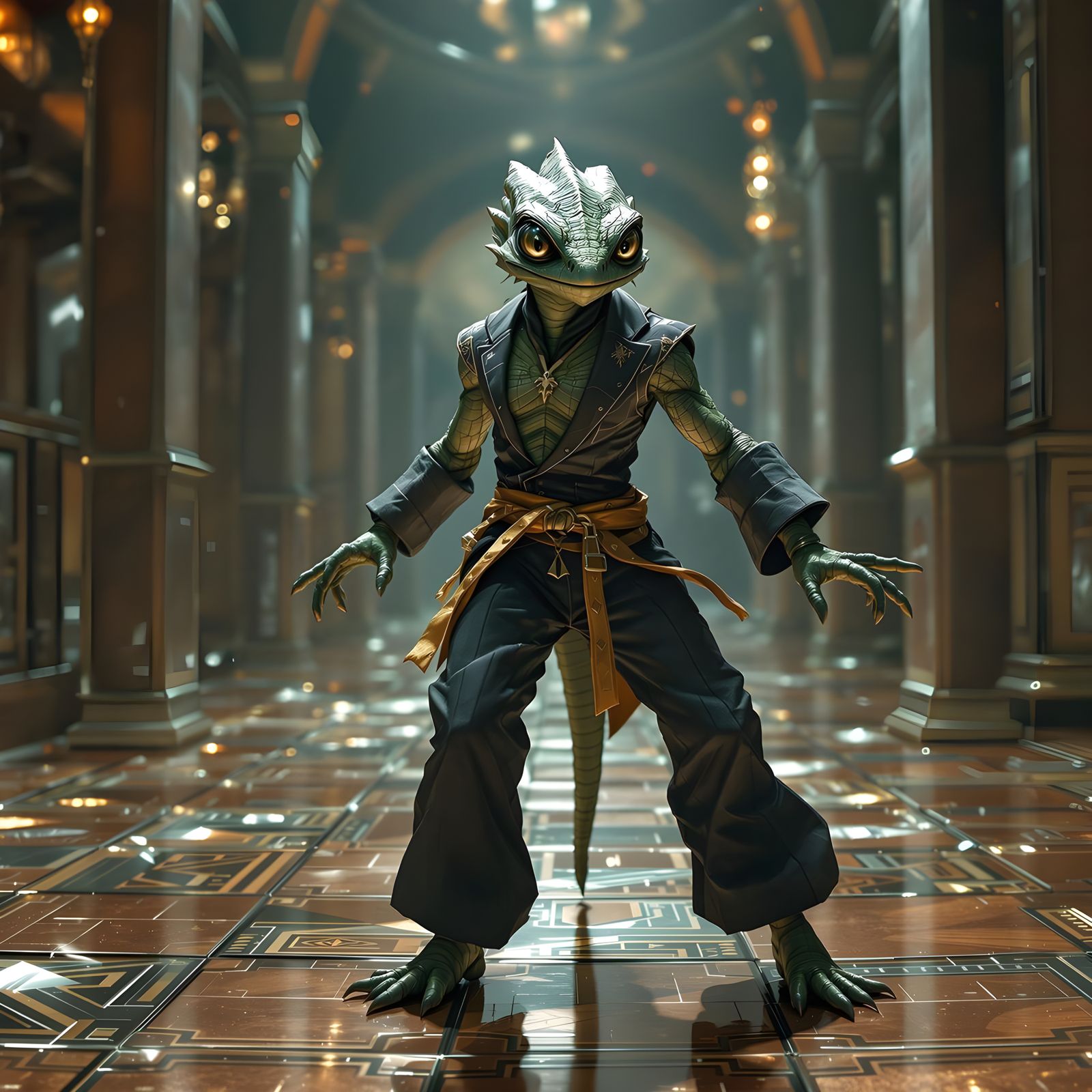 Animated Chameleon Ninja Navigating Contained Chaos