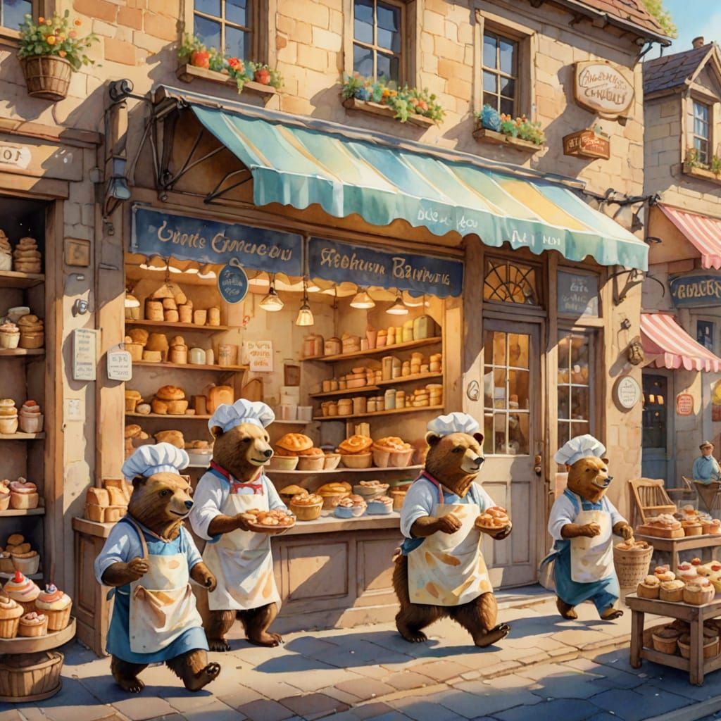 Anthropomorphic Bear Family Bakery in Watercolor Art