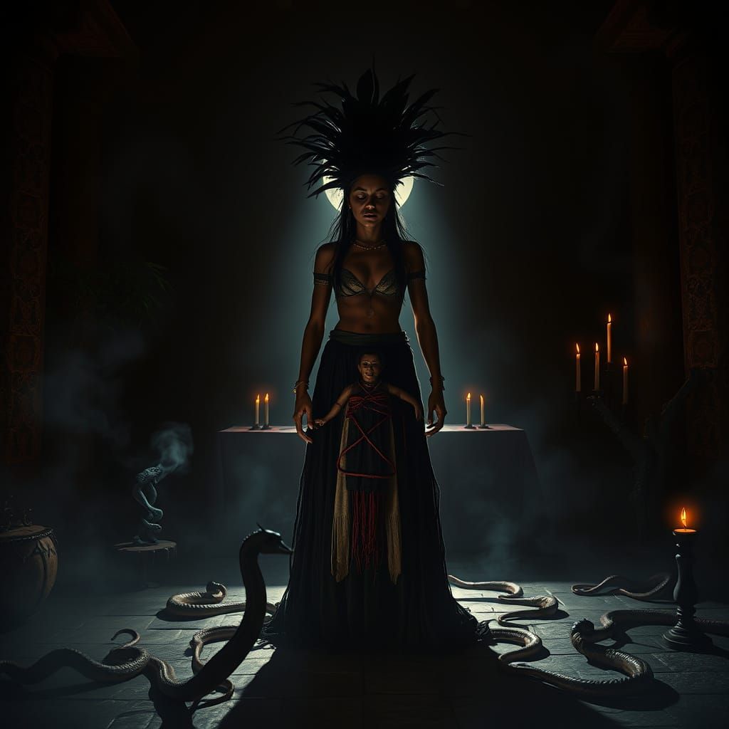 Voodoo Priestess in Dark Surrealist Temple