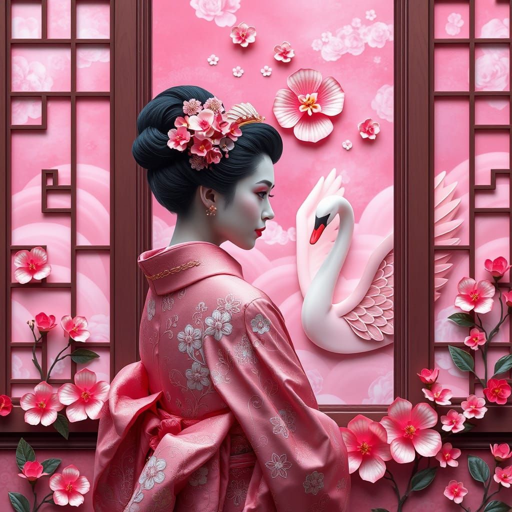 Elegant Geisha Contemplates Majestic Pink Swan in Whimsical ...