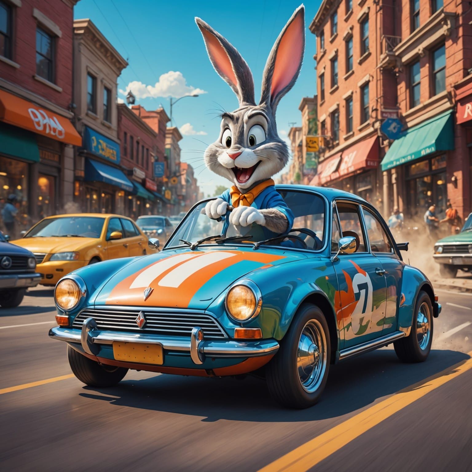 Bugs Bunny Speeds Down the Highway in Hyperrealistic Style