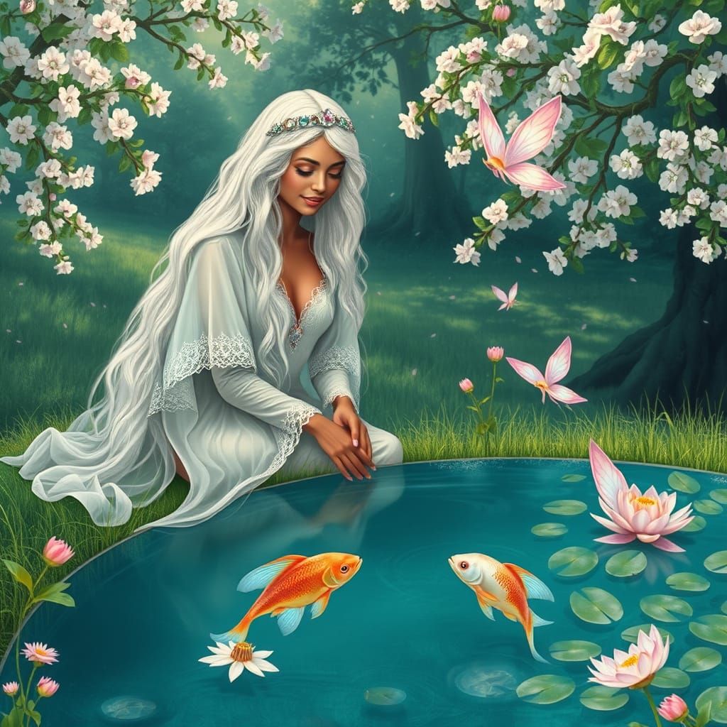 Ethereal Goddess Sits Serenely in Lush Meadow