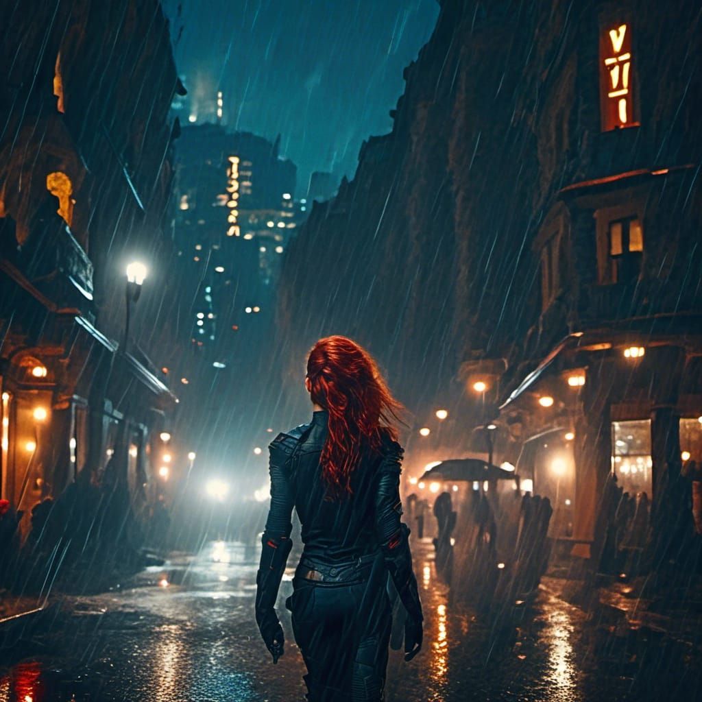 Rainy City Night: Redhead and Superhero in the Dark