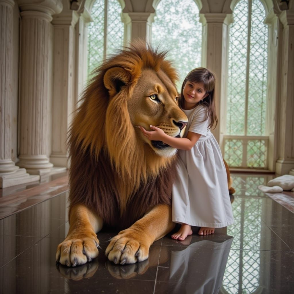 Girl Embraces Lion in Crystalline Chamber