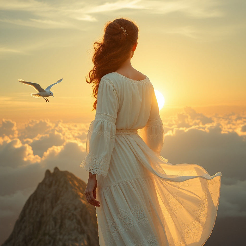 Ethereal Woman on Mountain Peak, Long Red Hair Flowing, Whit...