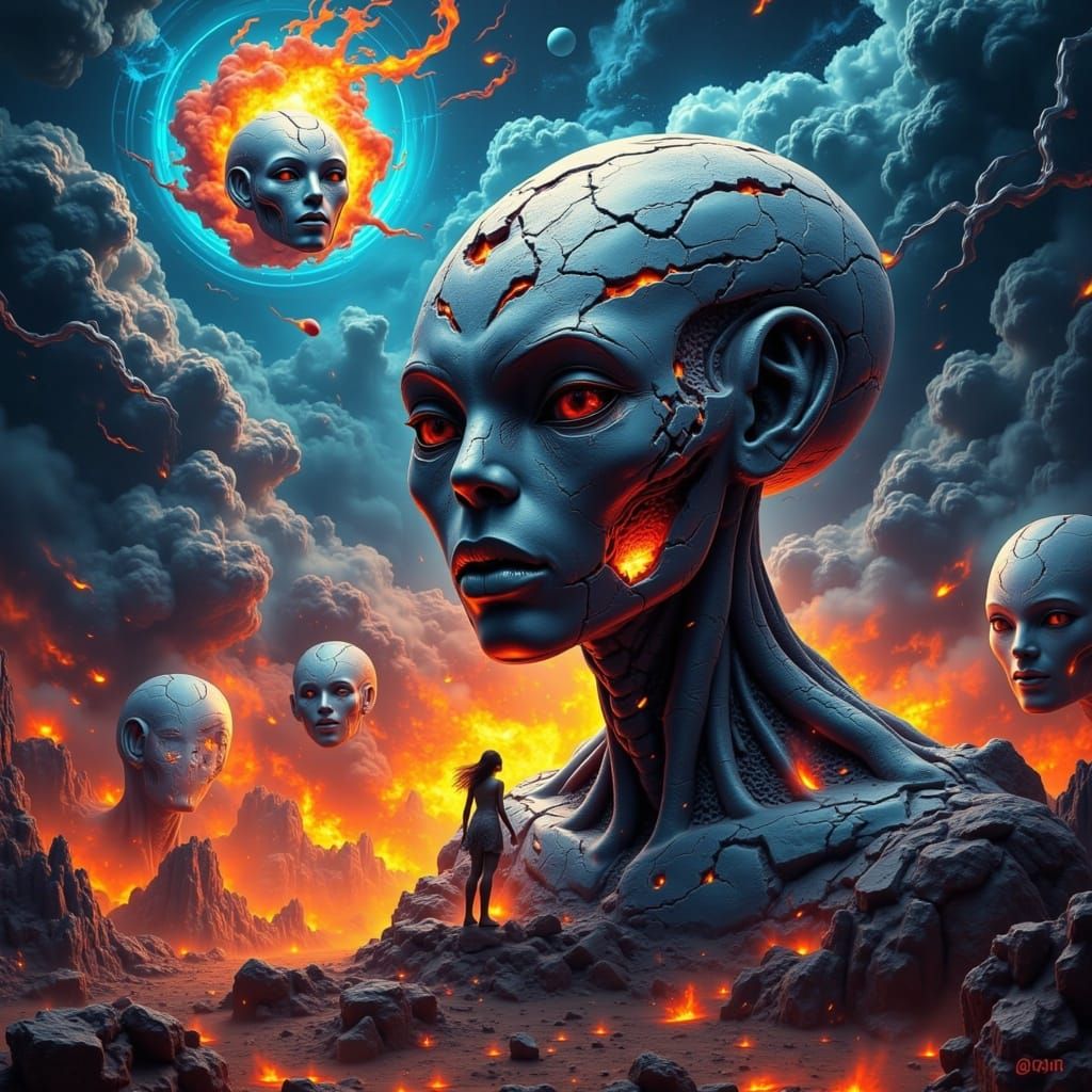 Alien Statue with Molten Core in Surreal Landscape