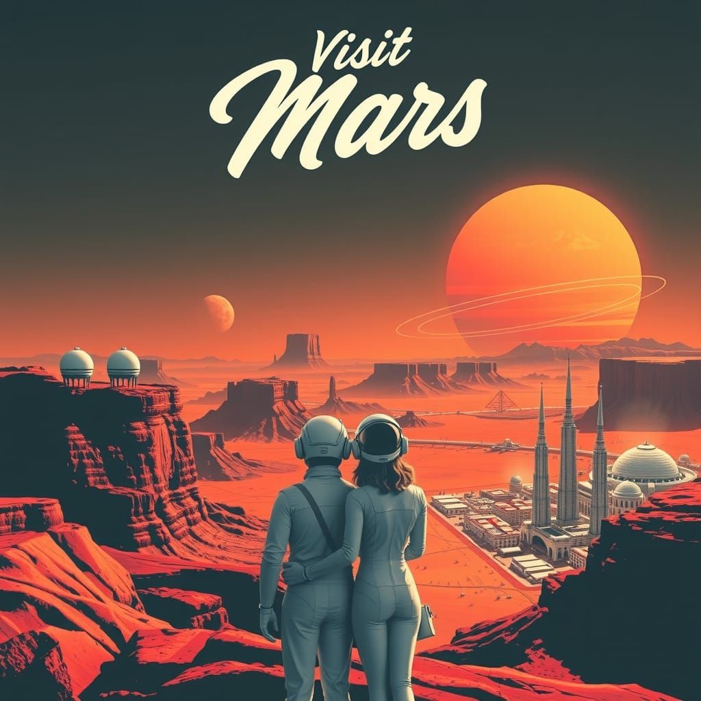 Retro-Futuristic Mars Travel Poster in Mid-Century Style