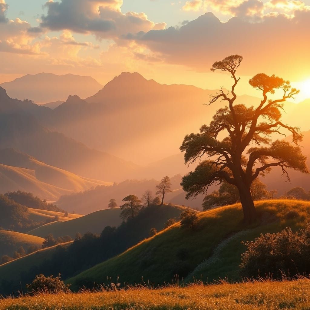 Majestic Dawn Landscape in Golden Light with Fantastical Ene...