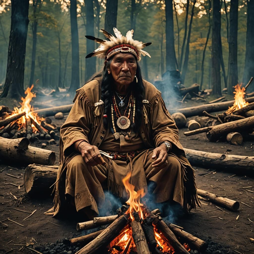 Native American Shaman Fills Calumet in Comic Style