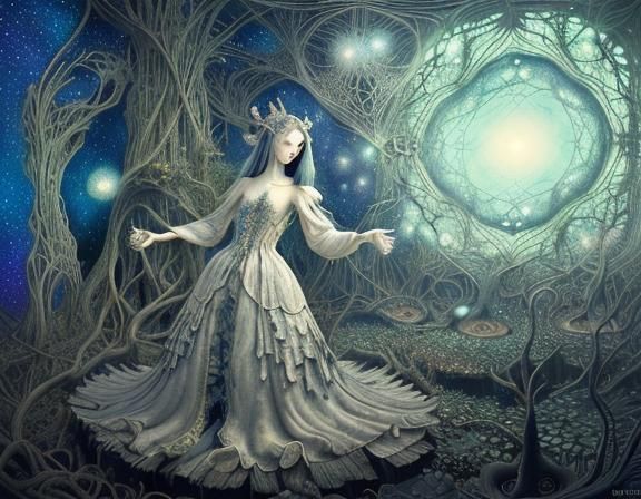 Eerie Ghost in Surreal Starry Landscape