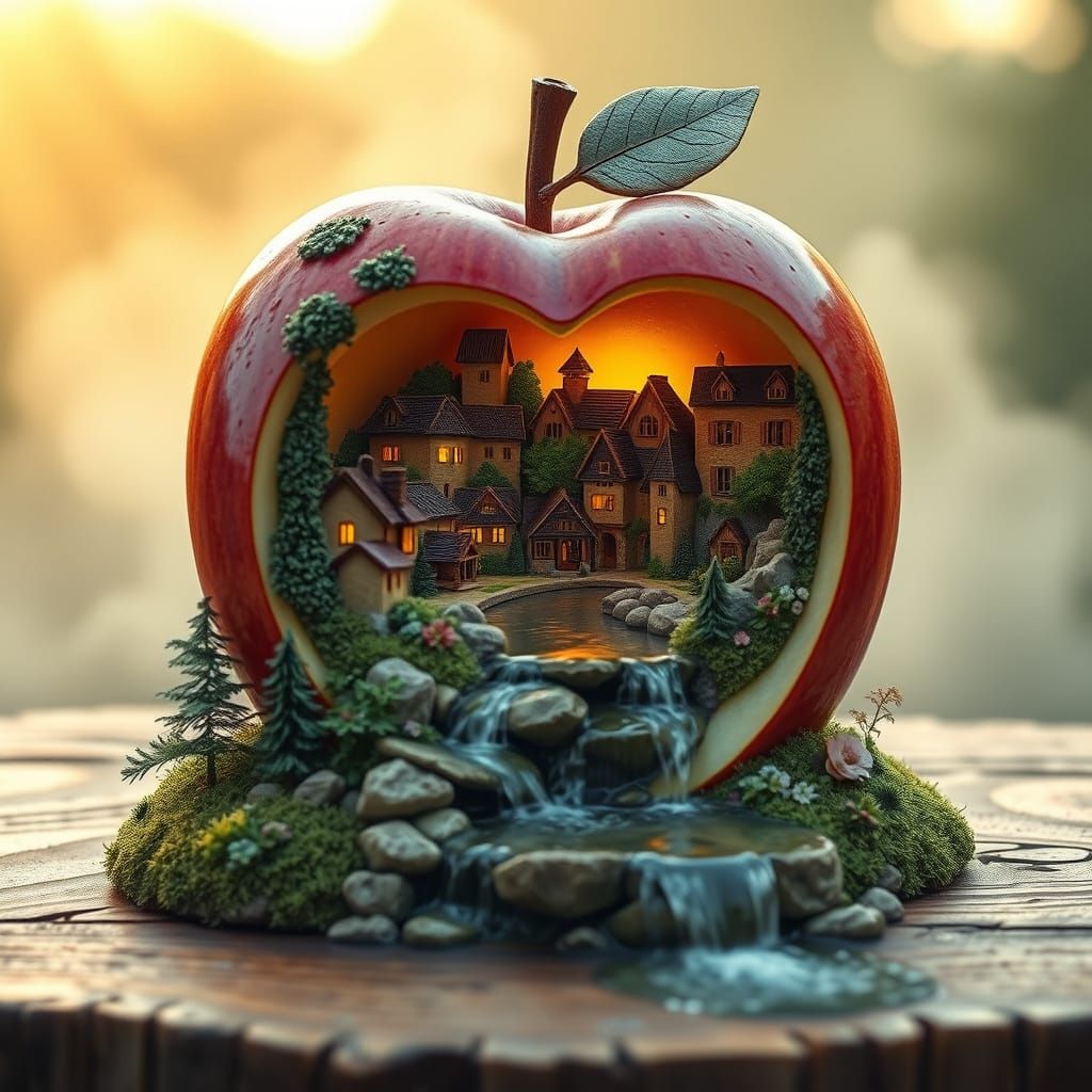Miniature Apple Village with Waterfall Cascade