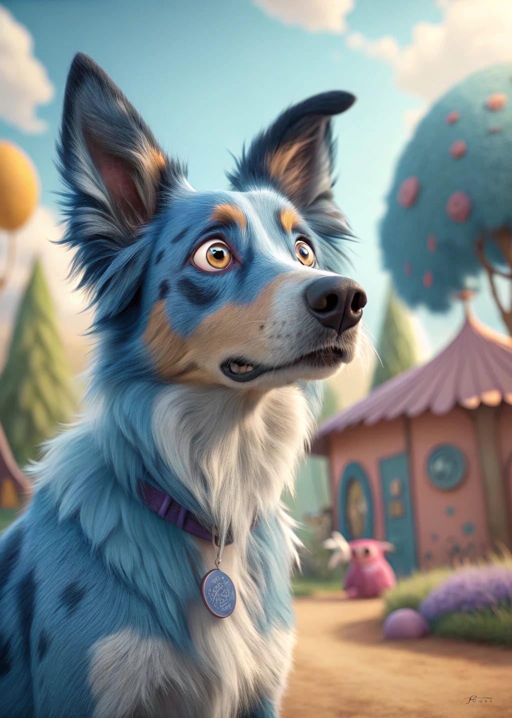 Realistic Blue Dog in Whimsical Cartoon Scene