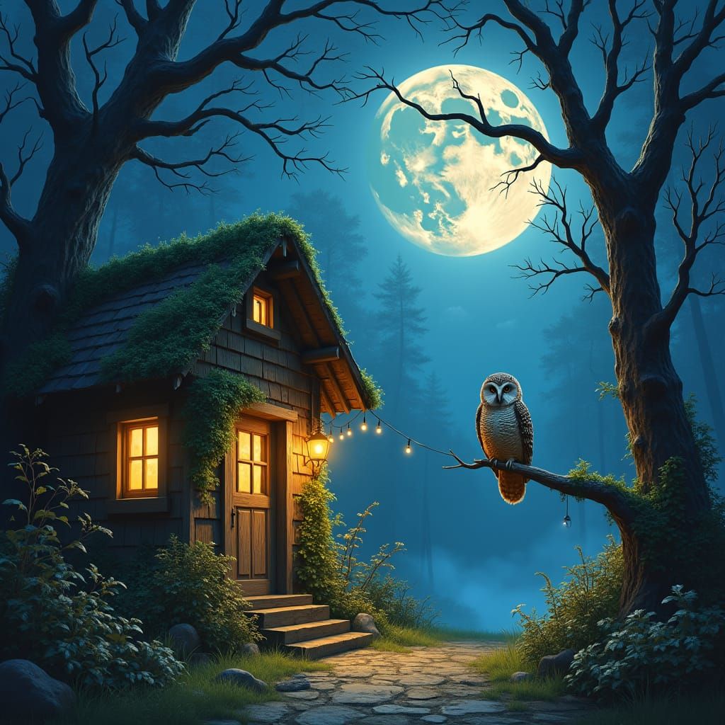 Mystical Forest Shack Under Moonlight