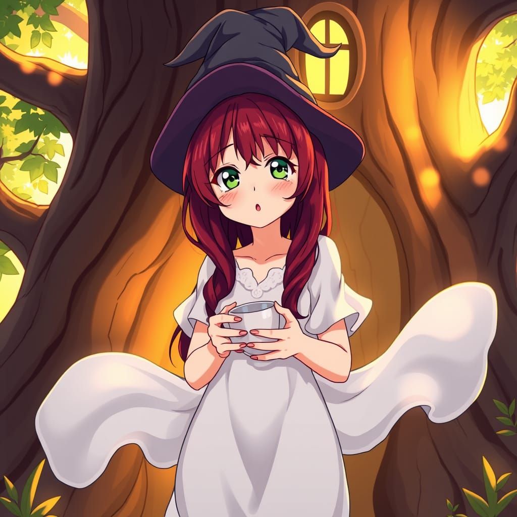 Dreamy Anime Girl with Crimson Hair and Green Eyes