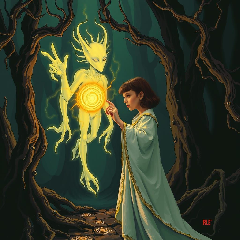 A Mystic Girl Conjures a Whimsical Scene in Vibrant Oil Colo...