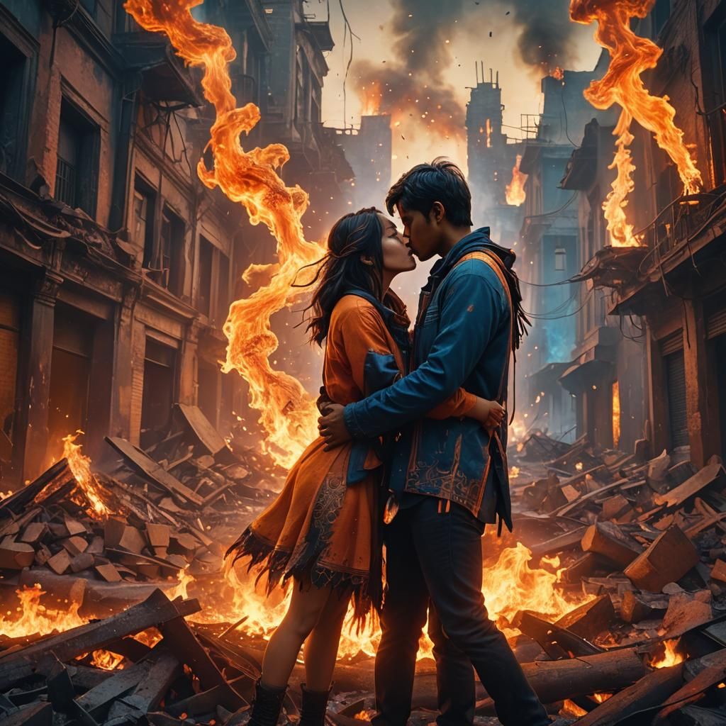 Romantic Kiss Amidst Apocalyptic Flames: Fantasy Art