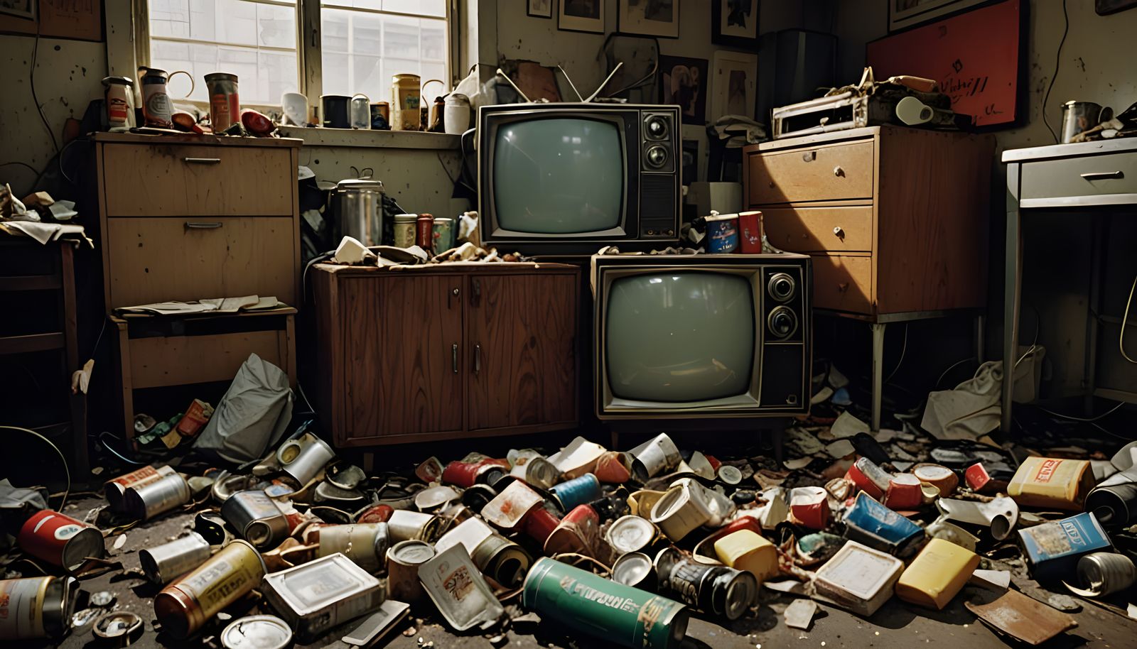 Retro 70s Television Amidst Chaotic Living Room