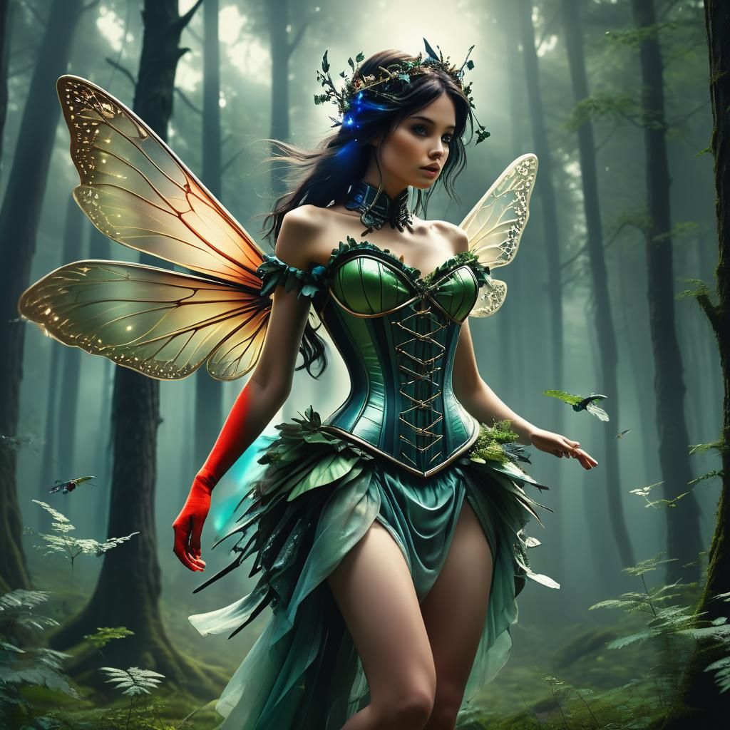 Futuristic Fairy in Forest: Digital Matte Painting